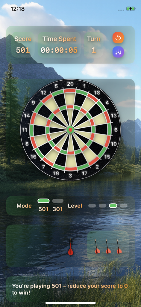 Darts - Mobile darts game interface showing a dartboard over a scenic mountain and lake background