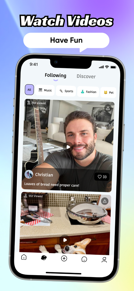 Kula - Video Chat, Meet, Call - Interface of the Kula app showing a following feed with video posts and categories like music and sports.
