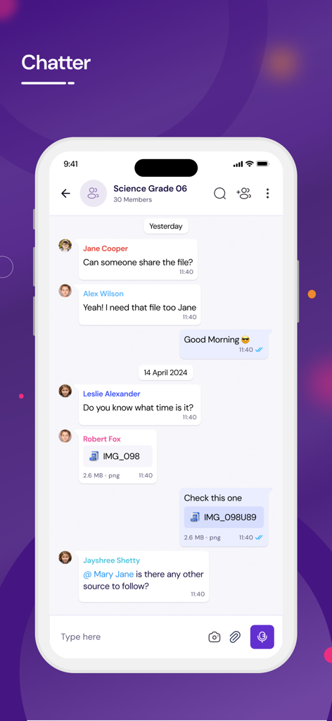 Phoenix Classroom - A group chat interface in the Phoenix Classroom app titled Chatter showing a conversation between students and teachers for a Science class