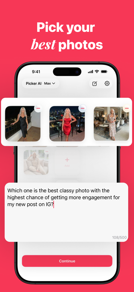 Picker AI - Best Photo Picker - Interfaz de la aplicación móvil Picker AI que muestra tres opciones de fotos y una indicación de texto para obtener consejos de engagement en Instagram.