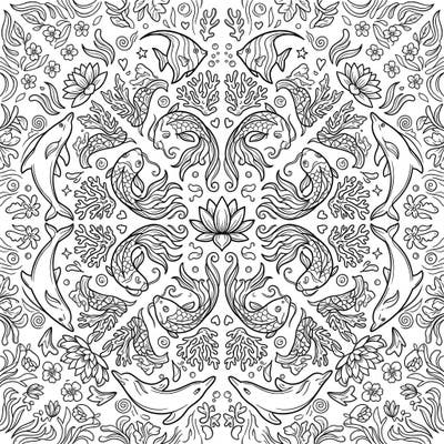 Immerse yourself in the beauty of spring with this captivating Kaleidoscope Fish coloring page. Featuring an intricate radial design of fish, dolphins, and aquatic flora, it's a perfect blend of natural wonder and artistic delight.