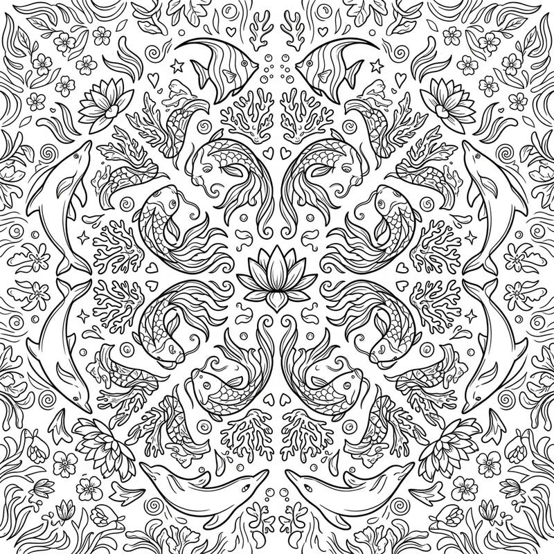 Immerse yourself in the beauty of spring with this captivating Kaleidoscope Fish coloring page. Featuring an intricate radial design of fish, dolphins, and aquatic flora, it's a perfect blend of natural wonder and artistic delight.