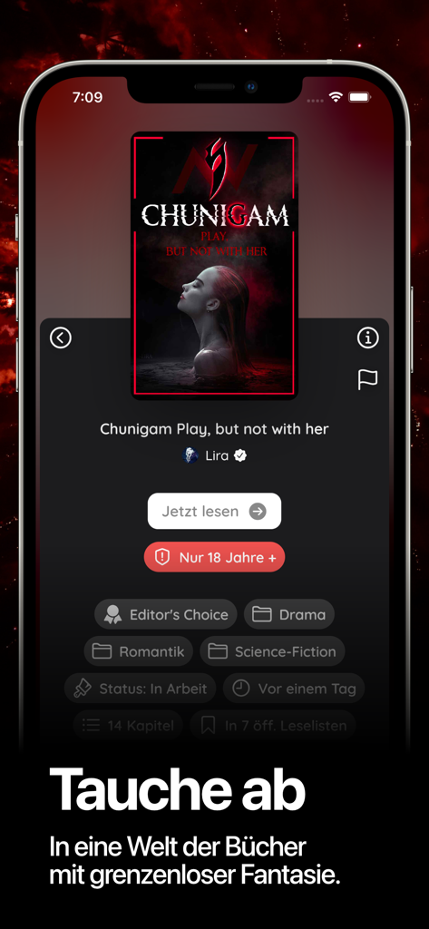 Oberfläche der Storyban-App, die ein Buchcover und Story-Informationen zeigt