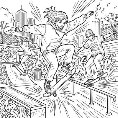 Hit the ramps with our awesome coloring page featuring dynamic teenage skateboarders mid-trick in a vibrant skate park. This exciting design is perfect for kids aged 4-8 who love action and urban adventures.