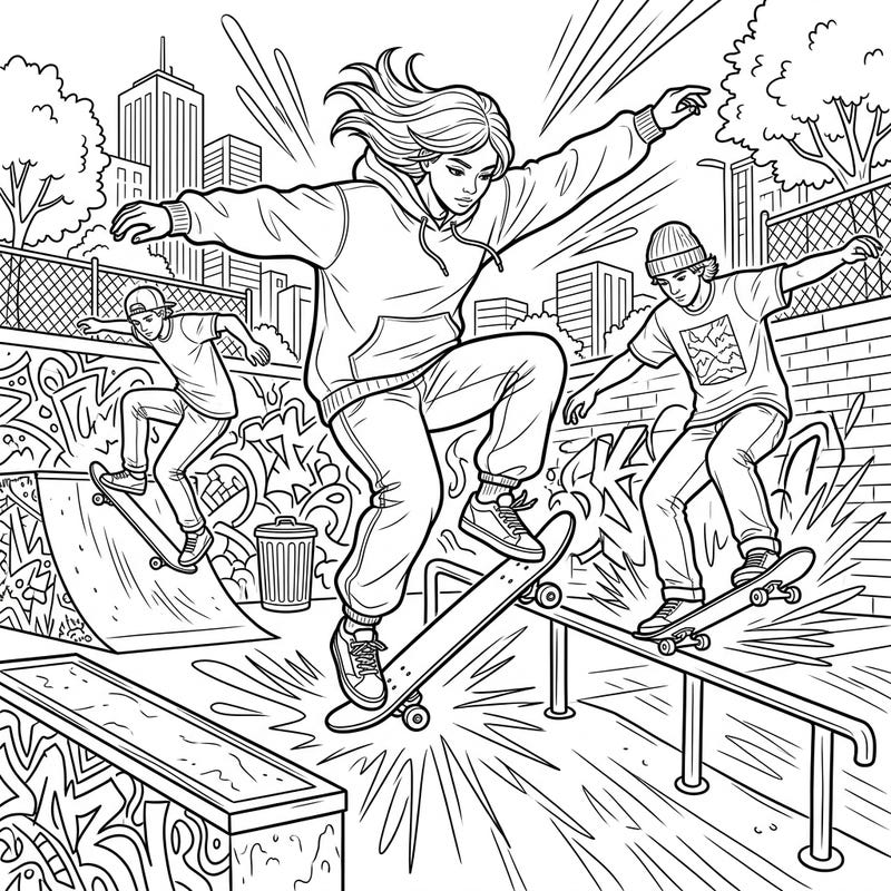 Hit the ramps with our awesome coloring page featuring dynamic teenage skateboarders mid-trick in a vibrant skate park. This exciting design is perfect for kids aged 4-8 who love action and urban adventures.