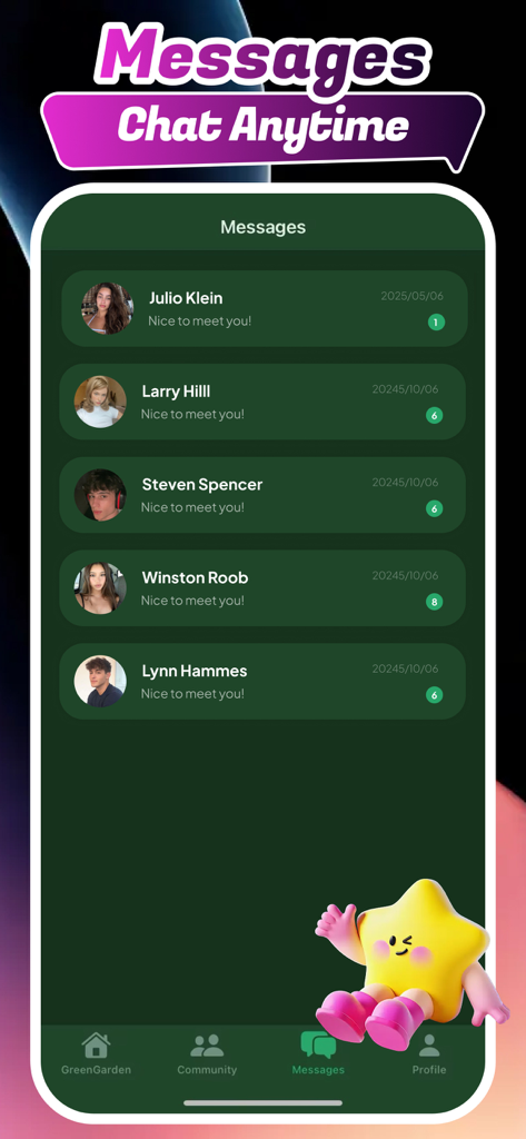 Zoen: Online Chat Friends - Zoenアプリのインターフェースで、他のユーザーとのプライベートメッセージとチャット会話のリストを示しています。