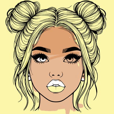 realistic girl with two buns on her hair and lips
