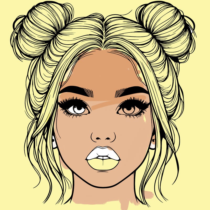 realistic girl with two buns on her hair and lips