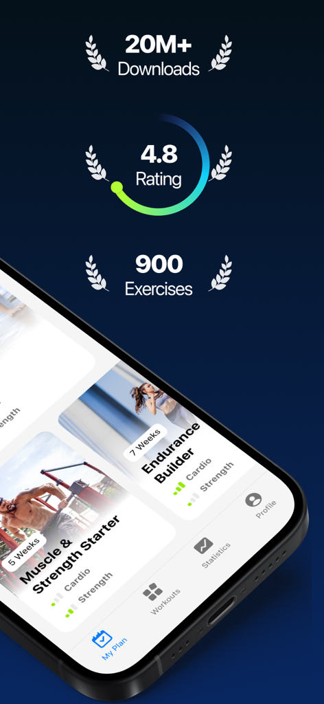 Fitify app interface showing 20 million downloads, a 4.8 rating, and muscle building workout plans on a mobile screen.