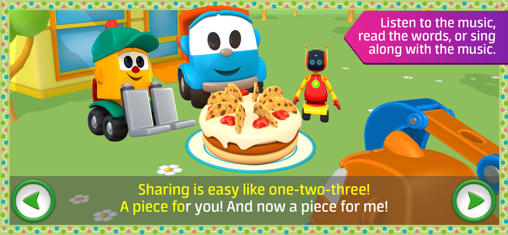 Leo the Truck and friends sharing a cake with lyrics for a sing along song