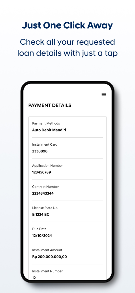 Pantalla de detalles de pago de la aplicación Hyundai Finance mostrando información de préstamo y cuotas