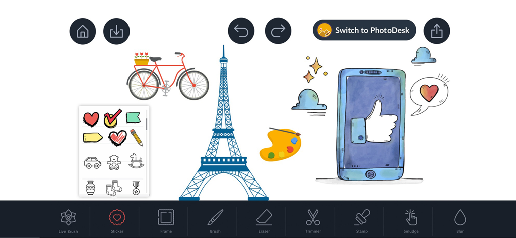 Drawing Pad - - User interface of Drawing Pad app showing sketches of a bicycle and Eiffel Tower with digital drawing and sticker tools
