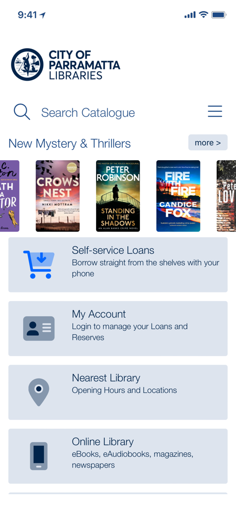 City of Parramatta Library - City of Parramatta Library app dashboard featuring book catalogue and self service loan options
