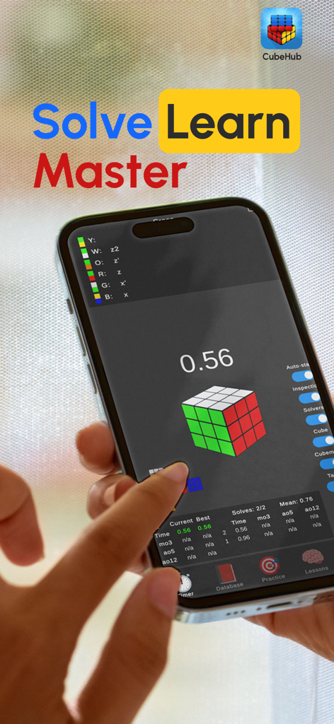 CubeHub - 3x3 Cube Solver - A hand holding an iPhone displaying the CubeHub app interface with a 3D virtual cube and a speedcubing timer