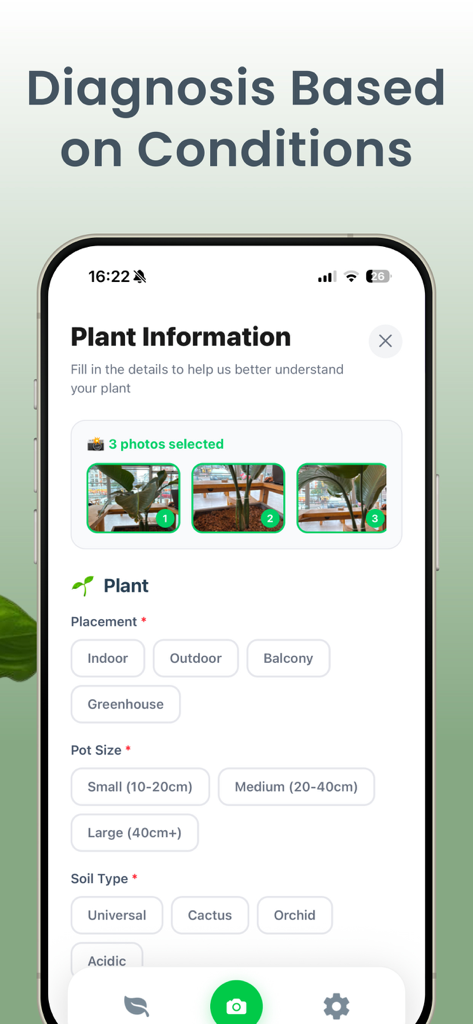 Plant Disease Identifier Bio - Pantalla de la aplicación Plantora mostrando campos de información de la planta y carga de fotos para el diagnóstico de enfermedades