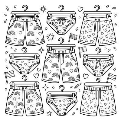 Embrace the spirit of Pride Month with this vibrant coloring page featuring a collection of men's swimwear. Discover various styles like board shorts, swim trunks, and briefs, all adorned with joyful rainbow and heart patterns.