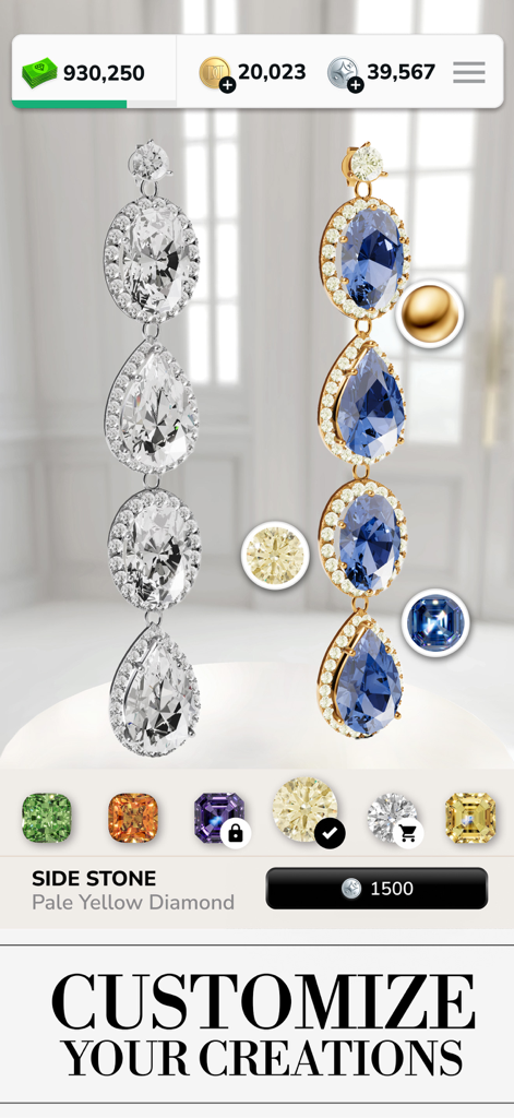 GFAL Diamond Dreams Match - Jewelry customization screen showing diamond and sapphire earrings