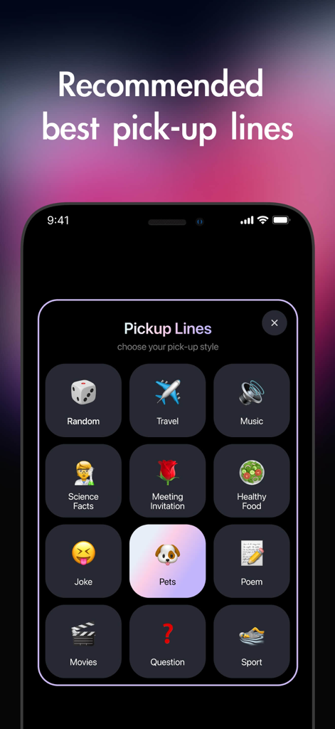 Plug AI - AI Dating Assistant - Interface do aplicativo Plug AI mostrando várias categorias de cantadas geradas por IA, incluindo Animais de Estimação, Viagens e Música.