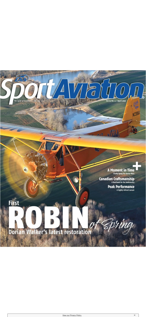 Front cover of the April 2025 EAA Sport Aviation magazine featuring an orange vintage airplane flying over a rural landscape.