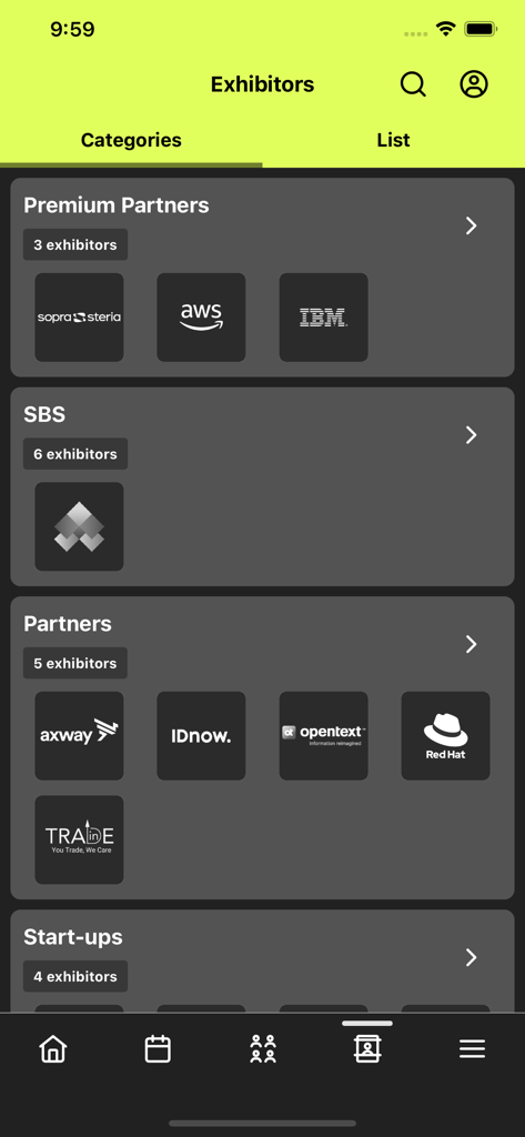 SBS Events - Die Ausstellerseite in der SBS Events-App zeigt Listen von Premium-Partnern und Veranstaltungssponsoren an