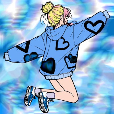 realistic girl jumping with a bun and oversized sweatshirt