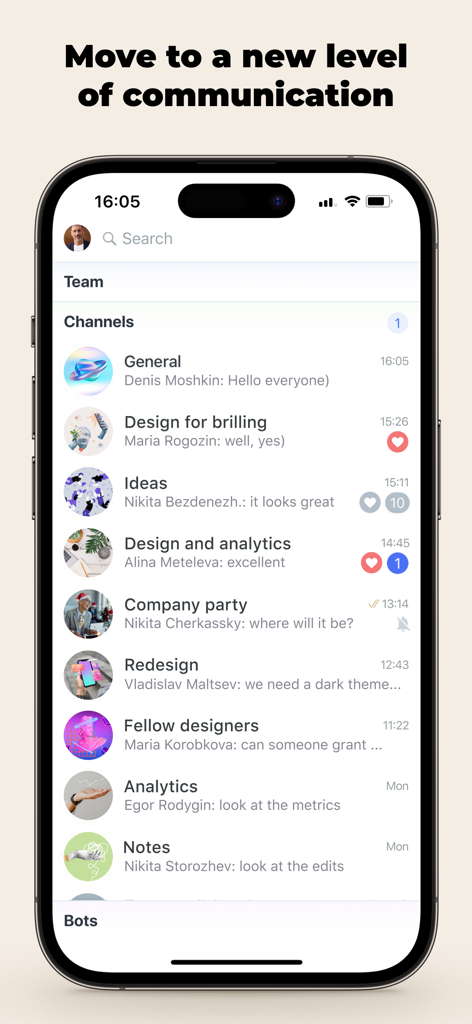 amo | team messenger - Die Benutzeroberfläche der amo team messenger App, die eine Liste verschiedener Team-Kommunikationskanäle und Gruppenchats anzeigt