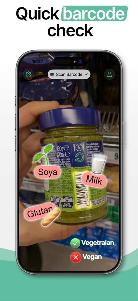 Food Scanner - Allergen Check - Aplicación móvil escaneando el código de barras de un producto para mostrar alérgenos como gluten, leche y soja.
