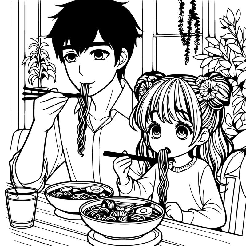 girl and her dad eating ramen realistic