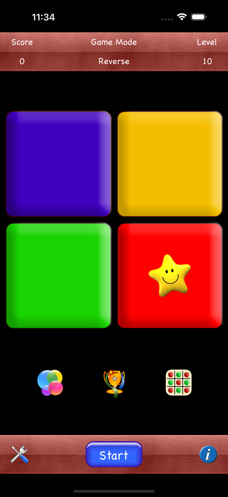 Memory Game Retro Puzzle - Gameplay interface of Memory Game Retro Puzzle showing a four color grid and start button