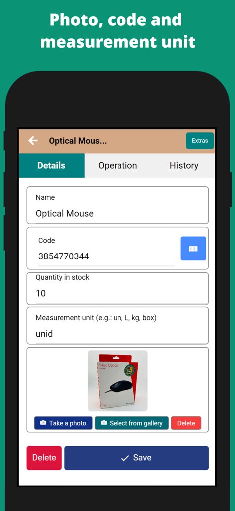 Stock Manager Online - Interface of Stock Manager Online app showing inventory details for an optical mouse including barcode and stock quantity