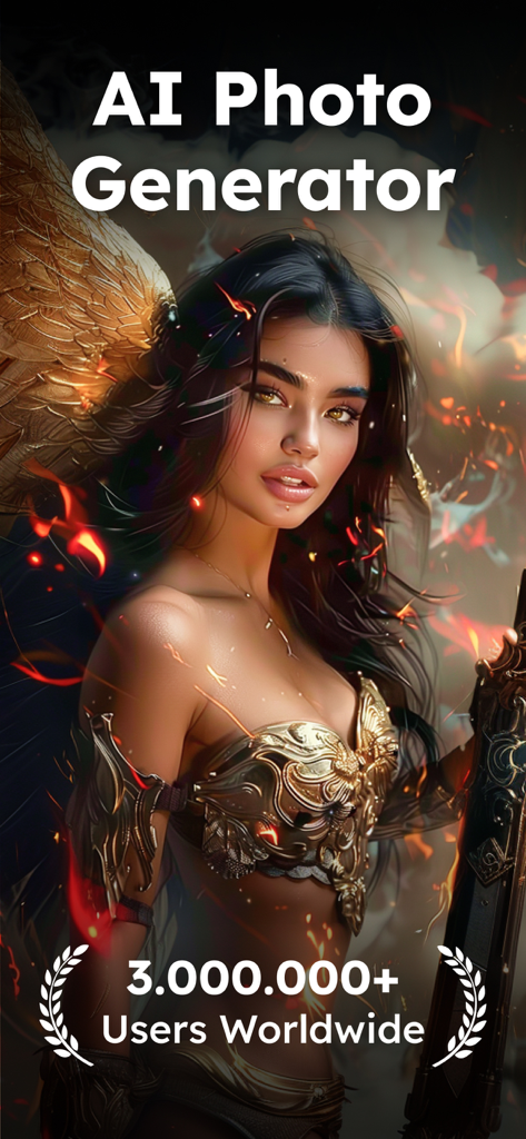 AI generated portrait of a warrior woman with golden armor and wings