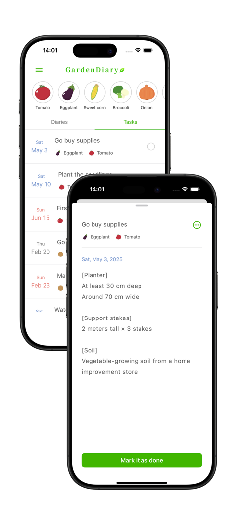 Garden Diary - Home Gardening - Task management and shopping list screens for home gardening crops