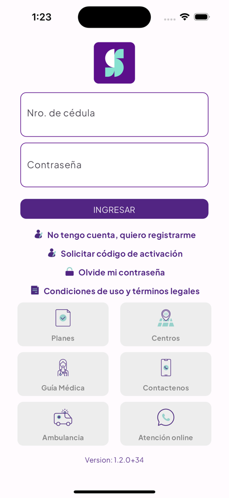 Santa Clara Medicina Prepaga - Pantalla de inicio de sesión de la aplicación móvil Santa Clara Medicina Prepaga con campos de ID y contraseña y menú de acceso rápido a la atención médica.