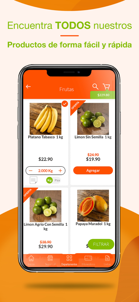 La Comer - Screenshot of the La Comer mobile app displaying a selection of fresh fruits including bananas and limes with prices and add to cart options