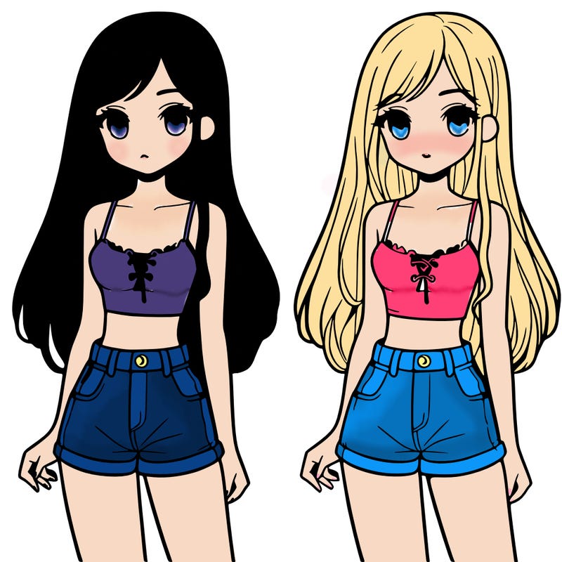 a girl with long hair wearing a crop top and shorts