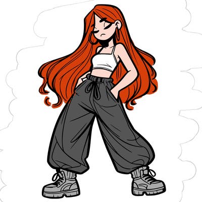 girl in baggy pants crop top and long hair