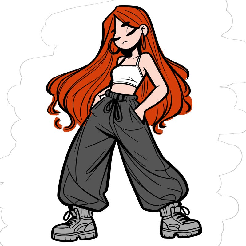 girl in baggy pants crop top and long hair