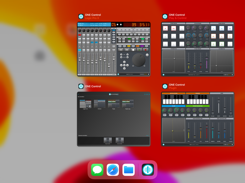 ONE Control Plus - Quatro janelas concorrentes do ONE Control Plus no iPad mostrando várias superfícies de controle DAW e MIDI.