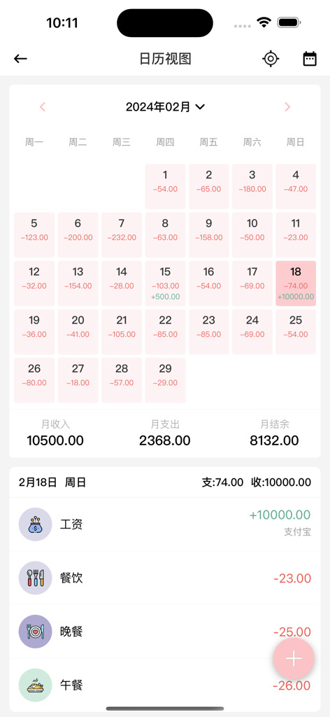萌猪记账-随手简洁记账软件 - Monthly calendar interface of the Cute Piggy Accounting app displaying daily expenses and income summaries.