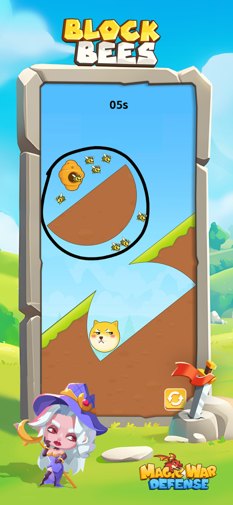 Magic War: Defense - Magic War Defenseのゲームプレイ。プレイヤーが線を描いて子犬を蜂から守る「蜂ブロック」ミニゲームの様子