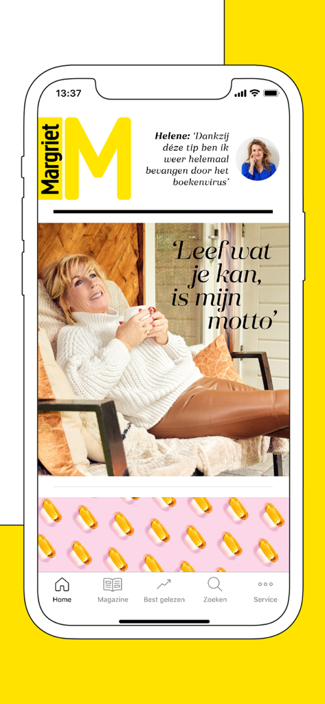 Pantalla de inicio de la aplicación Margriet para mujeres mayores de 50 años, con artículos de estilo de vida e inspiración sobre salud.