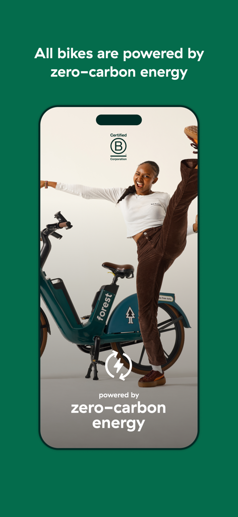 Forest - eBike Sharing - A woman posing with a green Forest e-bike under the text all bikes are powered by zero-carbon energy