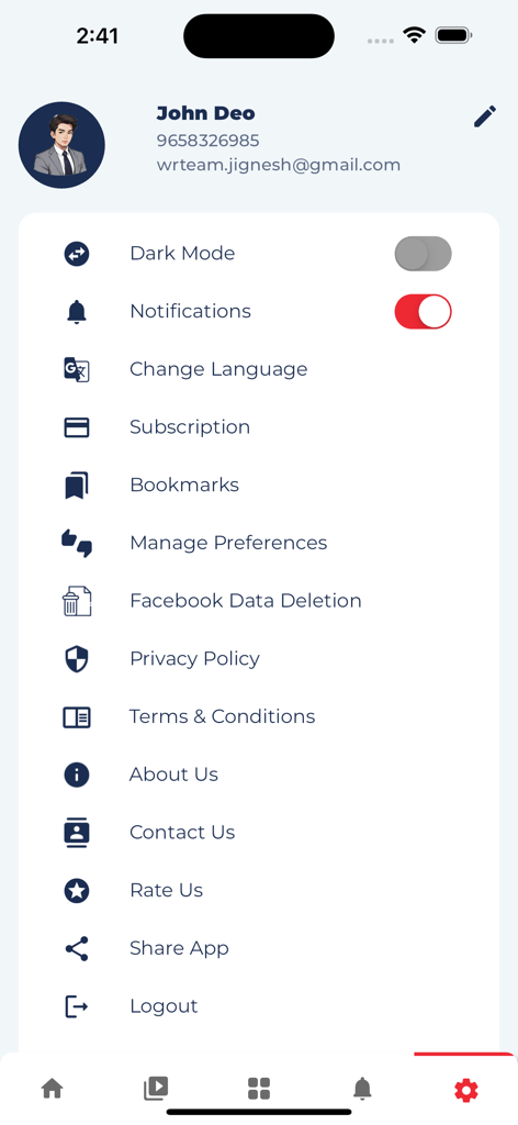 Nexus App - Profile and settings screen of the Nexus medical application showing user information and app preferences.