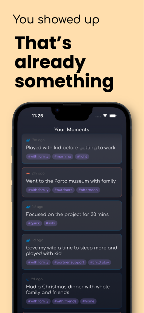 Doing Great: Diary - Smartphone screen showing the Doing Great app with a log of daily accomplishments and encouraging text.