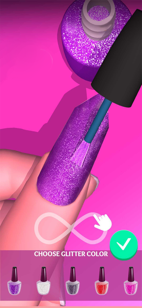 Gel Nails! - モバイルマニキュアシミュレーションゲームで、紫色のグリッターネイルポリッシュを塗布している様子