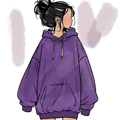 realistic girl with a oversized sweatshirt on and a bun
