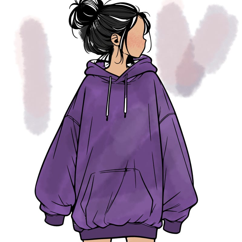 realistic girl with a oversized sweatshirt on and a bun
