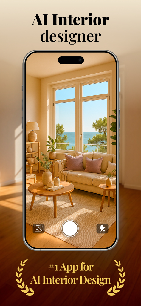 AI Home: Interior AI Design - AI Home Interior Design app interface showing a virtual living room makeover on a smartphone