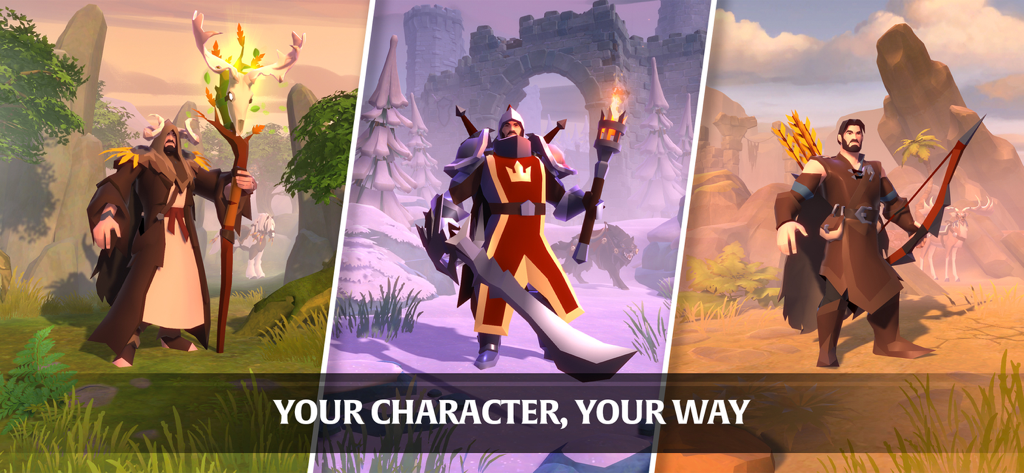 Trois personnages d'Albion Online représentant différents ensembles d'équipement pour les classes mage, chevalier et archer, avec le slogan « Votre personnage, votre voie ».
