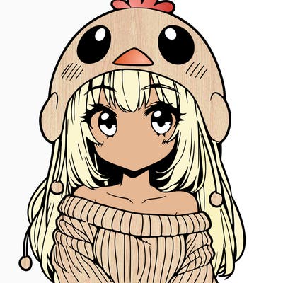 anime girl with chick shaped hat with sweater with bare shoulders with bangs covering them one eye with low tail